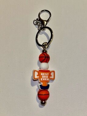 ‘Best Dad Ever’ Gold Cup & Basketballs Keychain w/White Accents